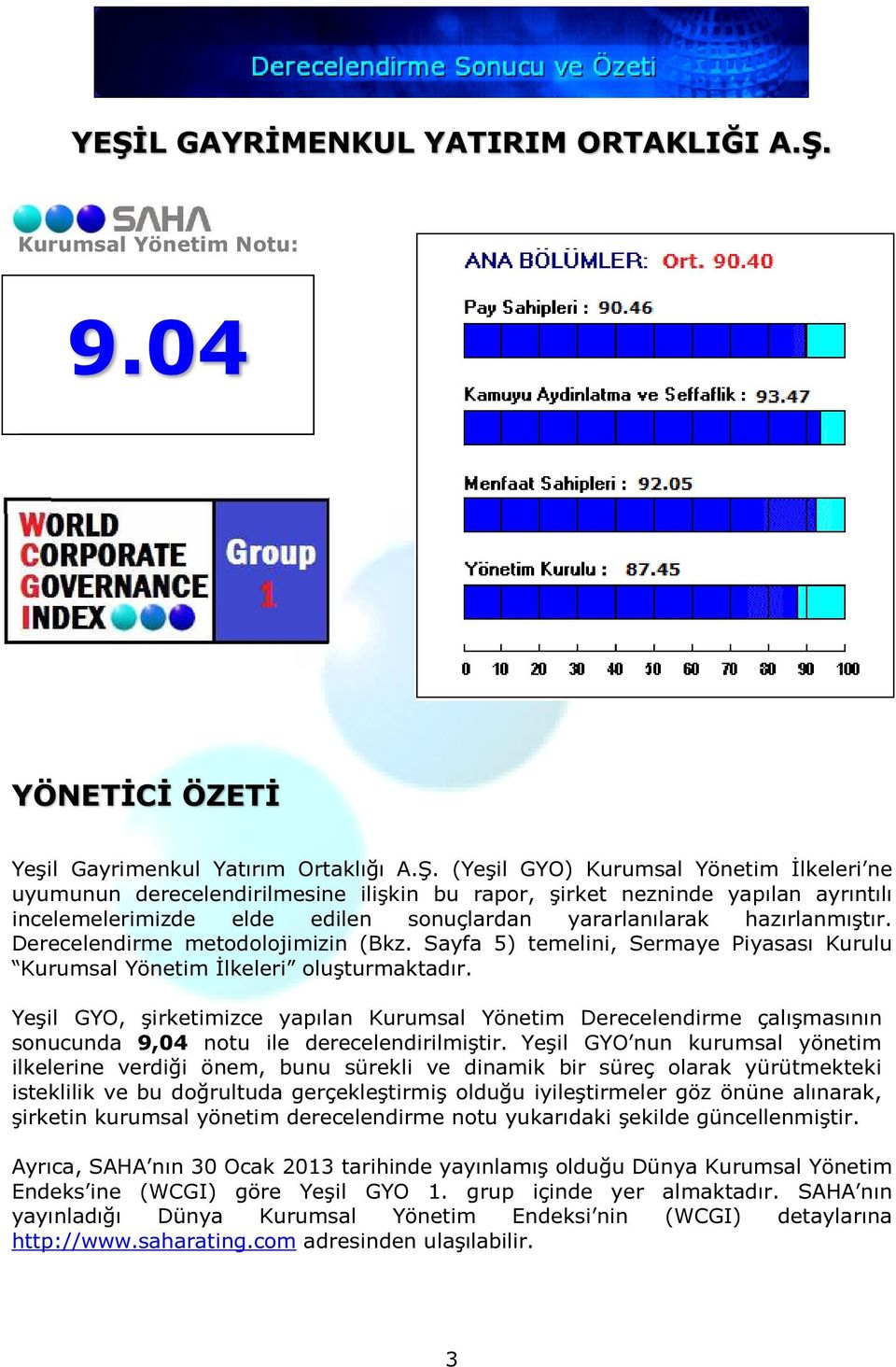 Yeşil GYO, şirketimizce yapılan Kurumsal Yönetim Derecelendirme çalışmasının sonucunda 9,04 notu ile derecelendirilmiştir.