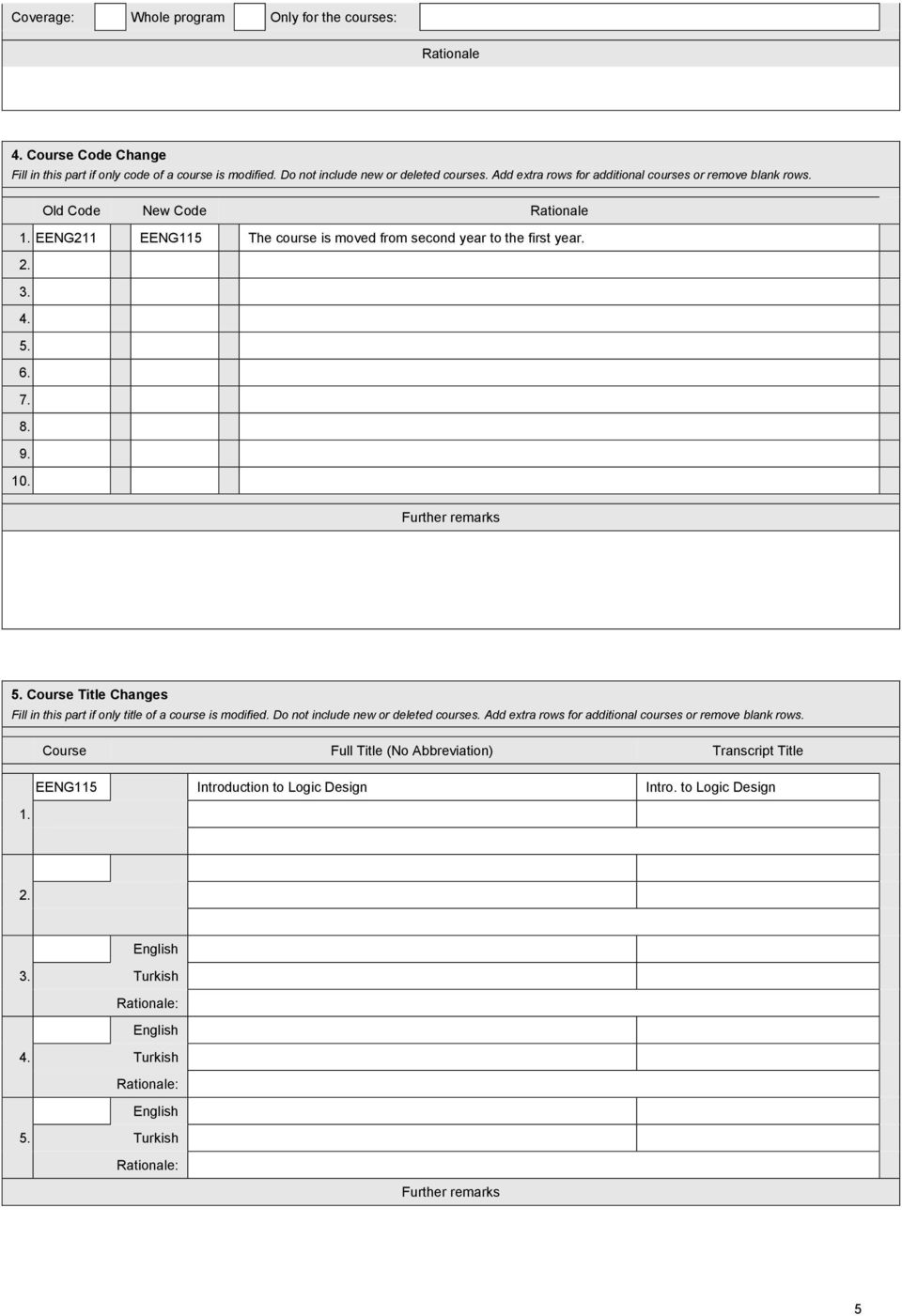 Further remarks 5. Course Title Changes Fill in this part if only title of a course is modified. Do not include new or deleted courses. Add extra rows for additional courses or remove blank rows.