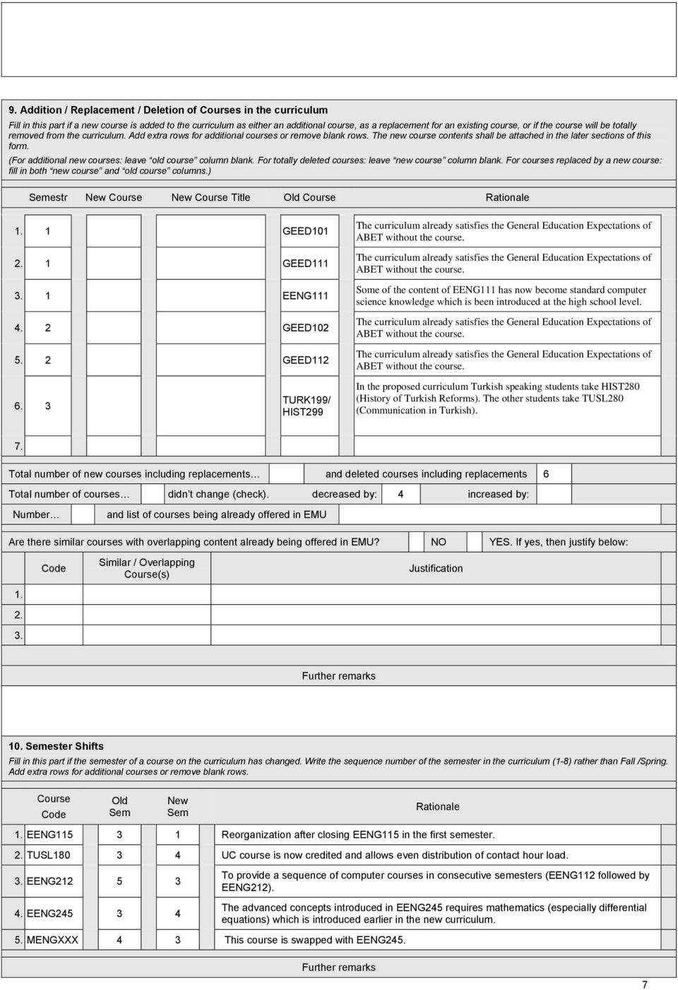 (For additional new courses: leave old course column blank. For totally deleted courses: leave new course column blank.