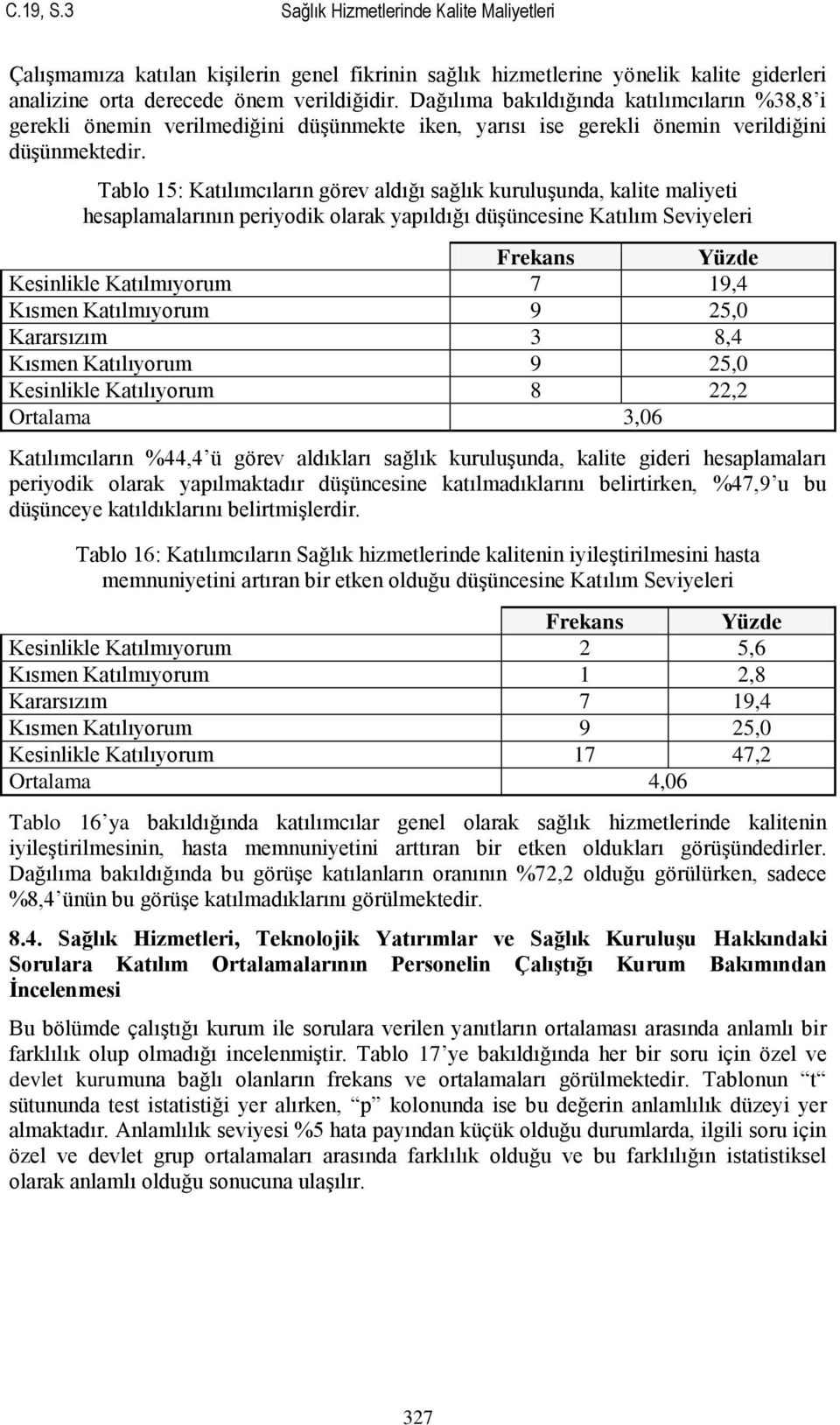 Tablo 15: Katılımcıların görev aldığı sağlık kuruluģunda, kalite maliyeti hesaplamalarının periyodik olarak yapıldığı düģüncesine Katılım Seviyeleri Kesinlikle Katılmıyorum 7 19,4 Kısmen Katılmıyorum