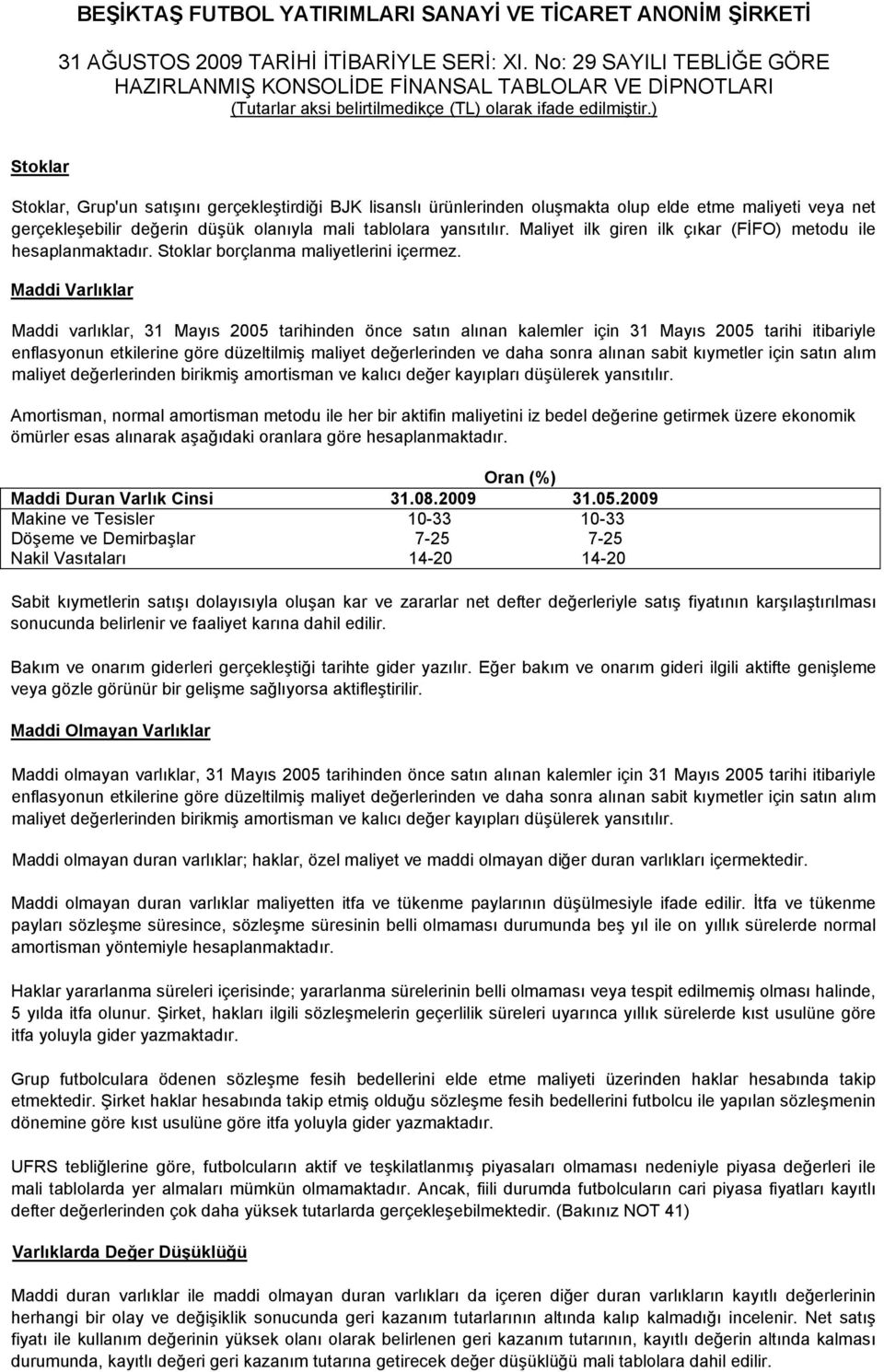 Maddi Varlıklar Maddi varlıklar, 31 Mayıs 2005 tarihinden önce satın alınan kalemler için 31 Mayıs 2005 tarihi itibariyle enflasyonun etkilerine göre düzeltilmiş maliyet değerlerinden ve daha sonra