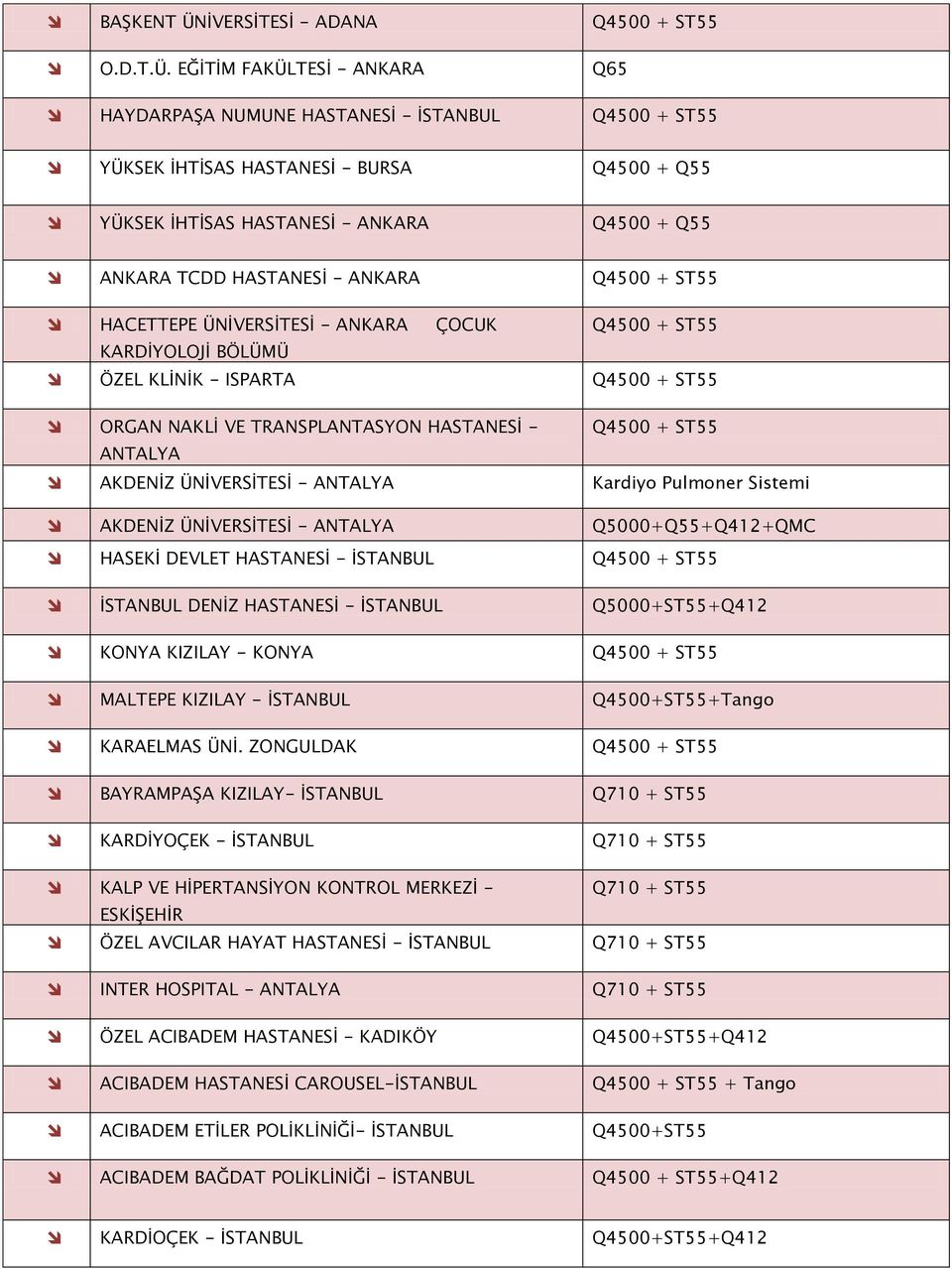 EĞİTİM FAKÜLTESİ - ANKARA Q65 HAYDARPAŞA NUMUNE HASTANESİ - İSTANBUL Q4500 + ST55 YÜKSEK İHTİSAS HASTANESİ - BURSA Q4500 + Q55 YÜKSEK İHTİSAS HASTANESİ - ANKARA Q4500 + Q55 ANKARA TCDD HASTANESİ -