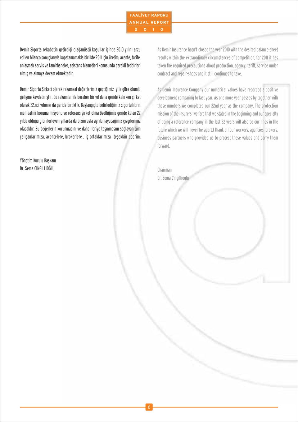 As Demir Insurance hasn't closed the year 2010 with the desired balance-sheet results within the extraordinary circumstances of competition, for 2011 it has taken the required precautions about