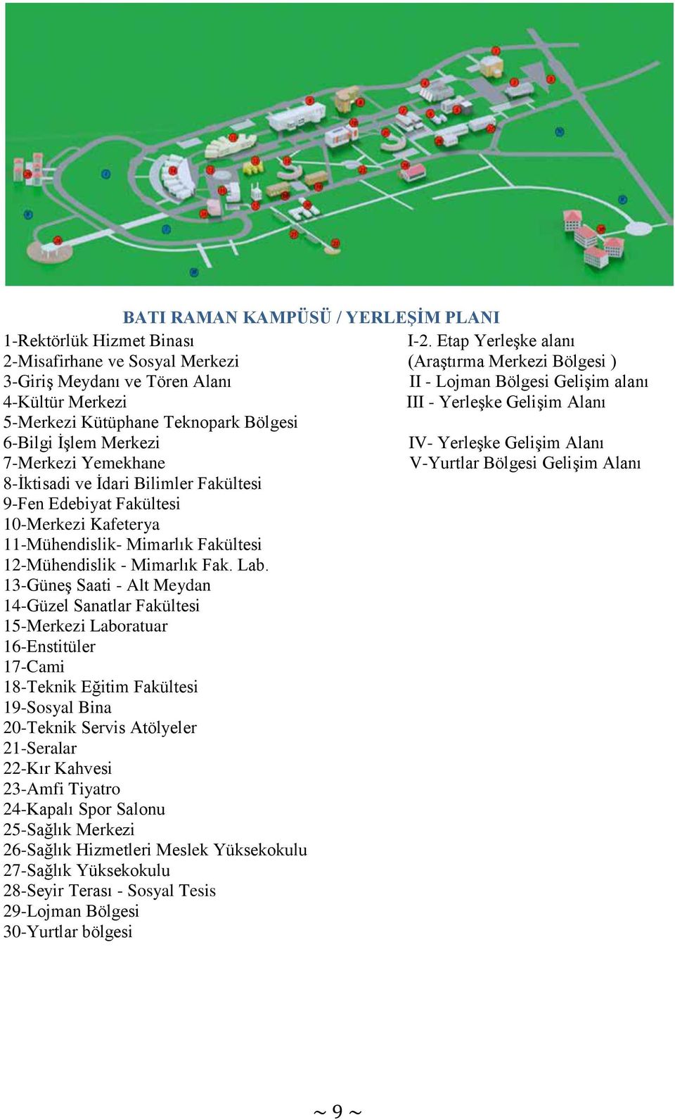 5-Merkezi Kütüphane Teknopark Bölgesi 6-Bilgi İşlem Merkezi IV- Yerleşke Gelişim Alanı 7-Merkezi Yemekhane V-Yurtlar Bölgesi Gelişim Alanı 8-İktisadi ve İdari Bilimler Fakültesi 9-Fen Edebiyat