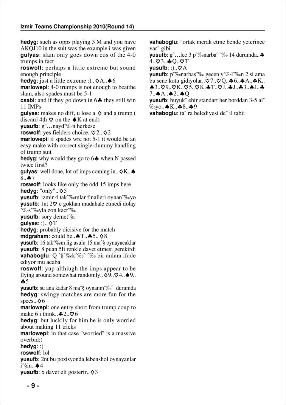 . marlowepi: -0 trumps is not enough to beatthe slam, also spades must be -1 csabi: and if they go down in they still win 11 IMPs gulyas: makes no diff, u lose a and a trump ( discard th on the K at