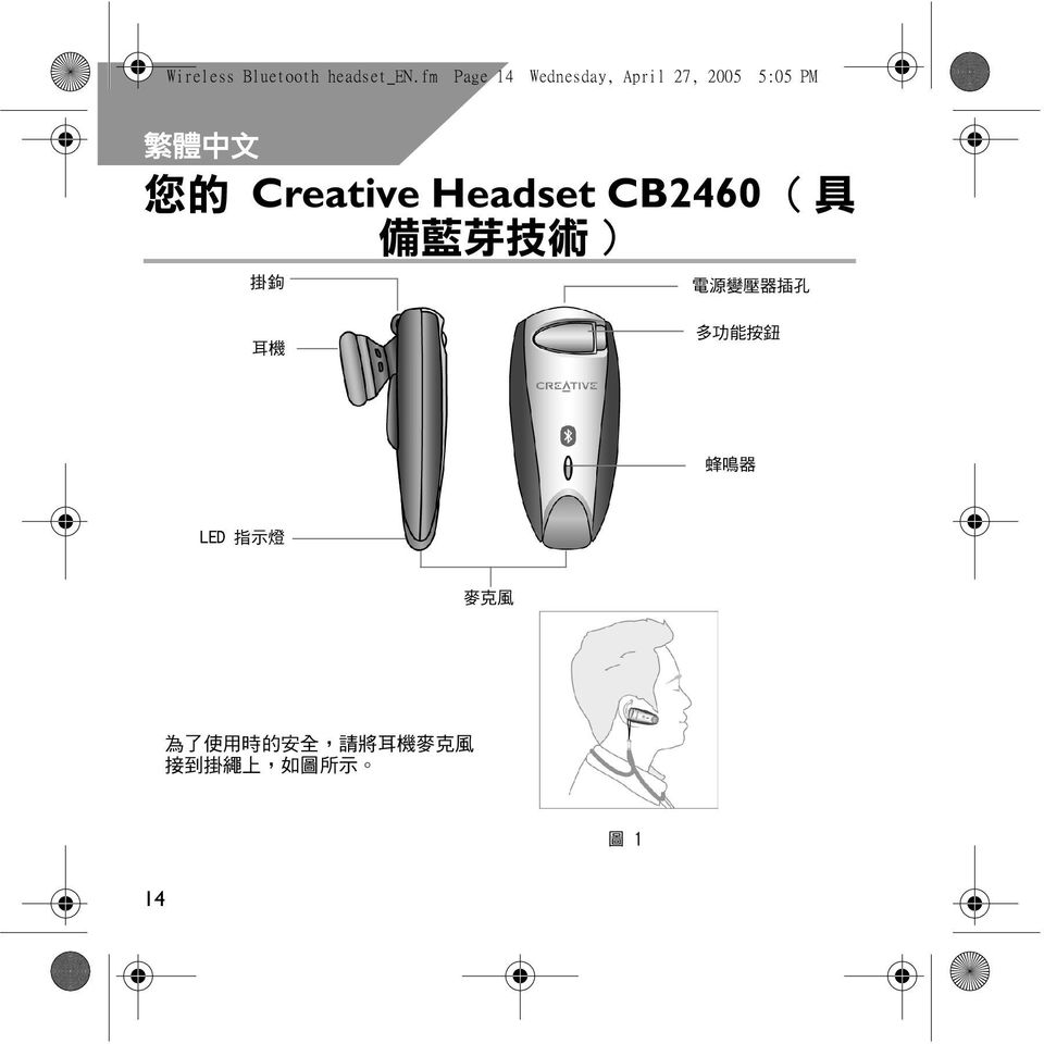 Creative Headset CB2460 ( 具 備 藍 芽 技 術 ) 掛 鉤 電 源 變 壓 器 插 孔 耳