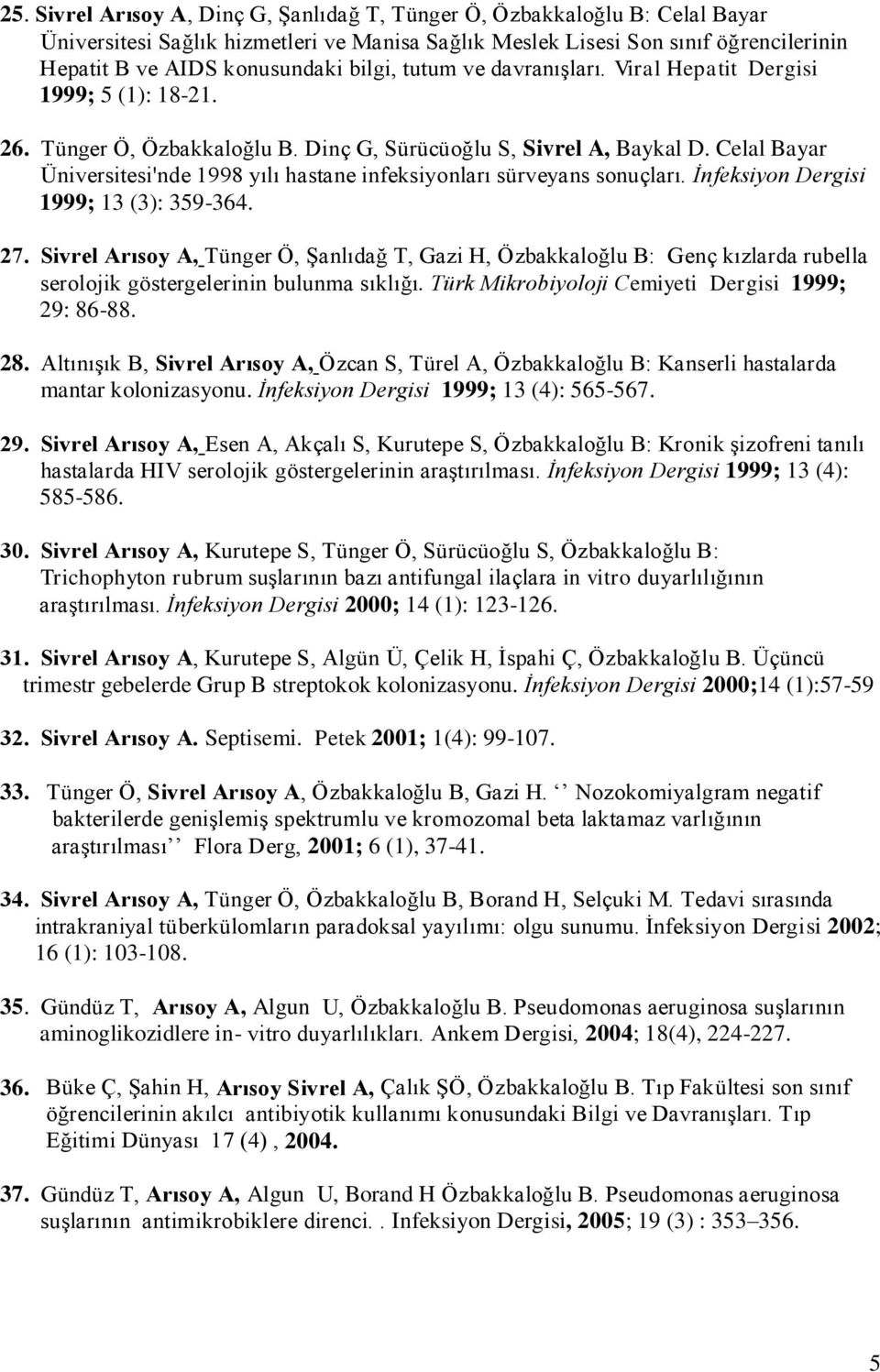 Celal Bayar Üniversitesi'nde 1998 yılı hastane infeksiyonları sürveyans sonuçları. İnfeksiyon Dergisi 1999; 13 (3): 359-364. 27.