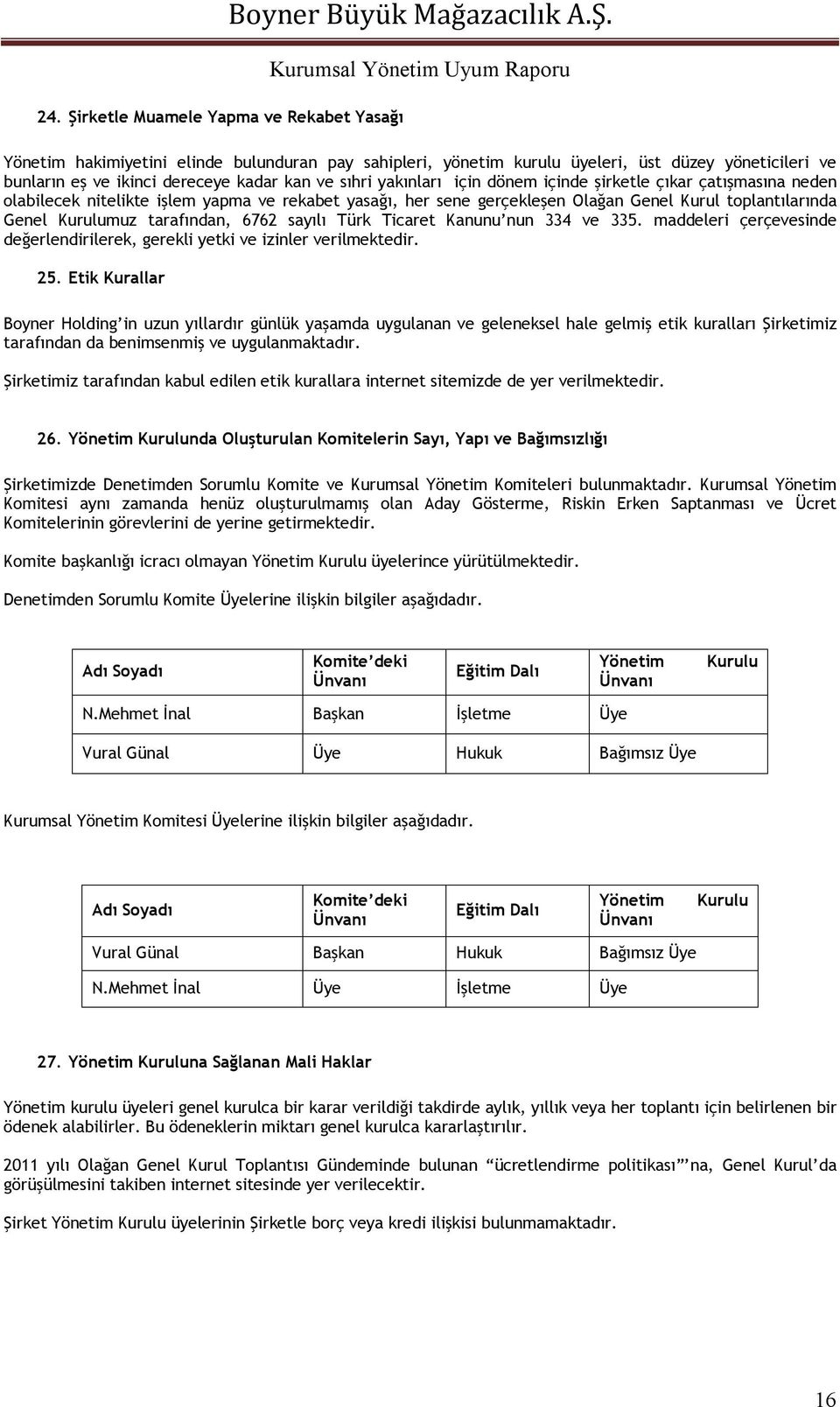 Yönetim hakimiyetini elinde bulunduran pay sahipleri, yönetim kurulu üyeleri, üst düzey yöneticileri ve bunların eş ve ikinci dereceye kadar kan ve sıhri yakınları için dönem içinde şirketle çıkar