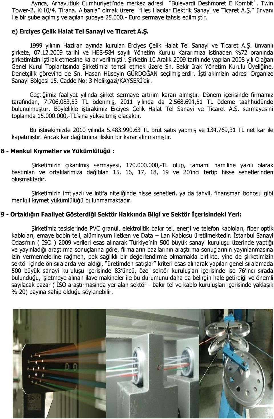 1999 yılının Haziran ayında kurulan Erciyes Çelik Halat Tel Sanayi ve Ticaret A.Ş. ünvanlı şirkete, 07.12.