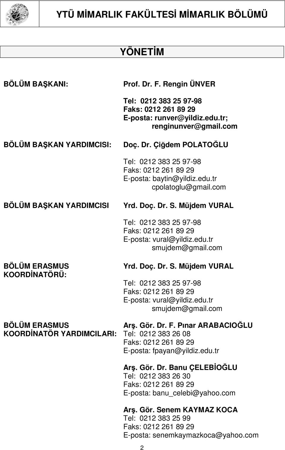 Müjdem VURAL Tel: 212 383 25 97-98 Faks: 2161 89 29 E-posta: vural@yildiz.edu.tr smujdem@gmail.com BÖLÜM ERASMUS KOORDĐNATÖRÜ: BÖLÜM ERASMUS KOORDĐNATÖR YARDIMCILARI: Yrd. Doç. Dr. S.