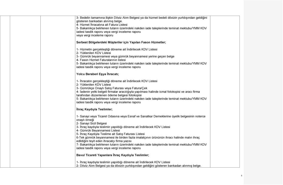 Yapılan Fason Hizmetler; 1- Hizmetin gerçekleştiği döneme ait İndirilecek KDV Listesi 3- Gümrük beyannamesi veya gümrük beyannamesi yerine geçen belge 4- Fason Hizmet Faturalarının listesi 5-