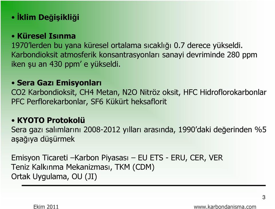 Sera Gazı Emisyonları CO2 Karbondioksit, CH4 Metan, N2O Nitröz oksit, HFC Hidroflorokarbonlar PFC Perflorekarbonlar, SF6 Kükürt heksaflorit