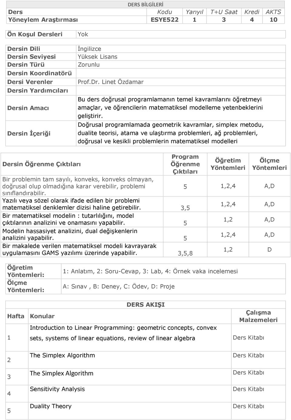 Linet Özdamar Bu ders doğrusal programlamanın temel kavramlarını öğretmeyi amaçlar, ve öğrencilerin matematiksel modelleme yetenbeklerini geliģtirir.