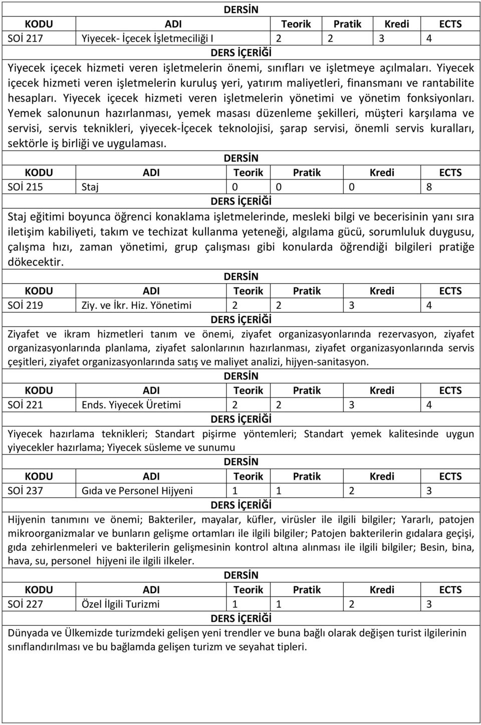 Yemek salonunun hazırlanması, yemek masası düzenleme şekilleri, müşteri karşılama ve servisi, servis teknikleri, yiyecek-içecek teknolojisi, şarap servisi, önemli servis kuralları, sektörle iş