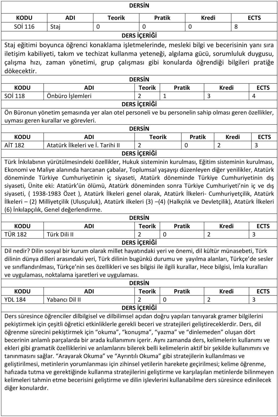 SOİ 118 Önbüro İşlemleri 2 1 3 4 Ön Büronun yönetim şemasında yer alan otel personeli ve bu personelin sahip olması geren özellikler, uyması geren kurallar ve görevleri. AİT 182 Atatürk İlkeleri ve İ.