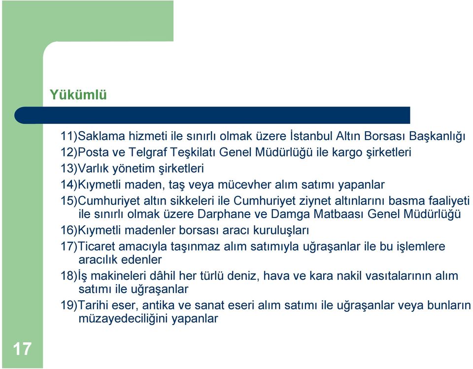 Matbaası Genel Müdürlüğü 16)Kıymetli madenler borsası aracı kuruluşları 17)Ticaret amacıyla taşınmaz alım satımıyla uğraşanlar ile bu işlemlere aracılık edenler 18)Đş makineleri