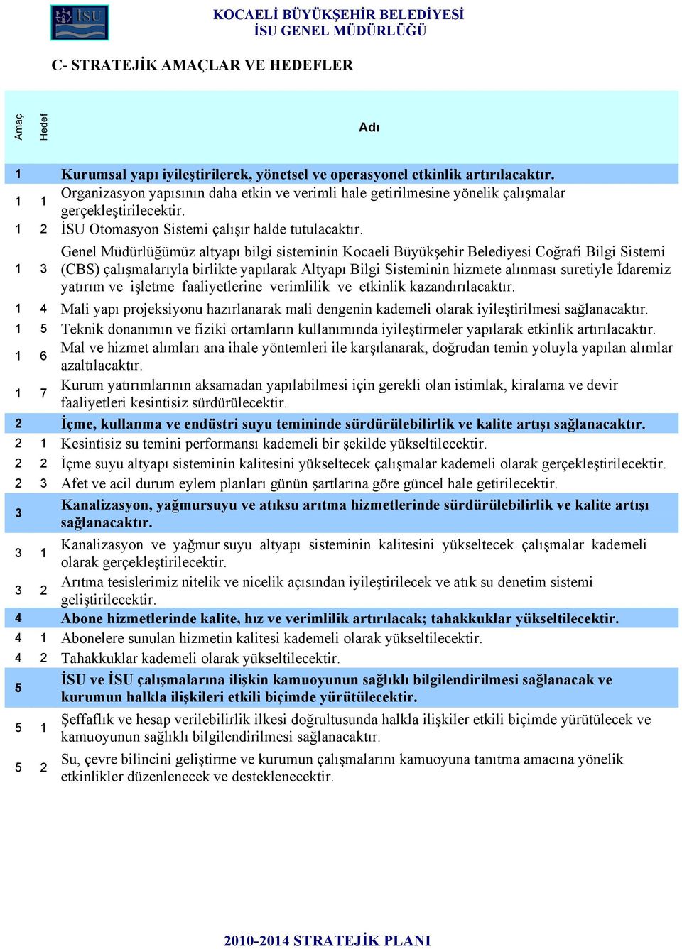 1 3 Genel Müdürlüğümüz altyapı bilgi sisteminin Kocaeli Büyükşehir Belediyesi Coğrafi Bilgi Sistemi (CBS) çalışmalarıyla birlikte yapılarak Altyapı Bilgi Sisteminin hizmete alınması suretiyle