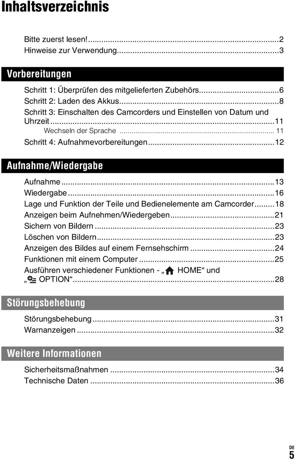 ..16 Lage und Funktion der Teile und Bedienelemente am Camcorder...18 Anzeigen beim Aufnehmen/Wiedergeben...21 Sichern von Bildern...23 Löschen von Bildern.