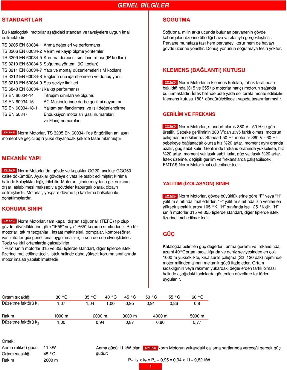 Bağlantı ucu işaretlemeleri ve dönüş yönü TS 313 E 60034-9 Ses seviye limitleri TS 6848 E 60034-1Kalkış performansı TS E 60034-14 Titreşim sınırları ve ölçümü TS E 60034-15 AC Makinelerinde darbe