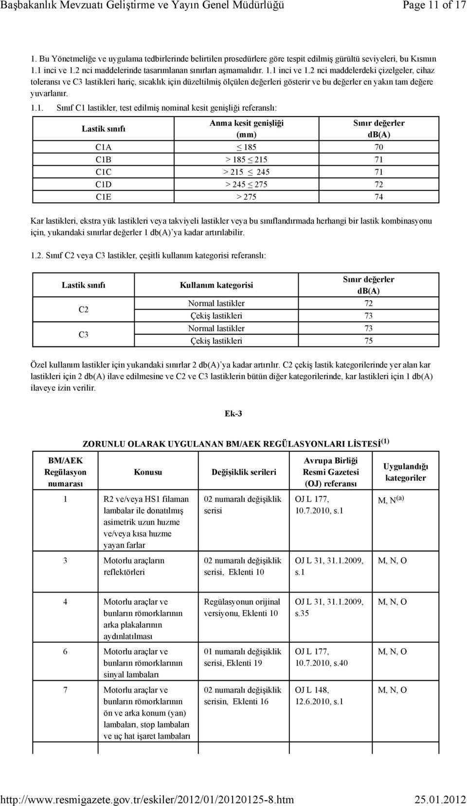 lastikler, test edilmiş nominal kesit genişliği referanslı: Lastik sınıfı Anma kesit genişliği (mm) Sınır değerler db(a) C1A 185 70 C1B > 185 215 71 C1C > 215 245 71 C1D > 245 275 72 C1E > 275 74 Kar