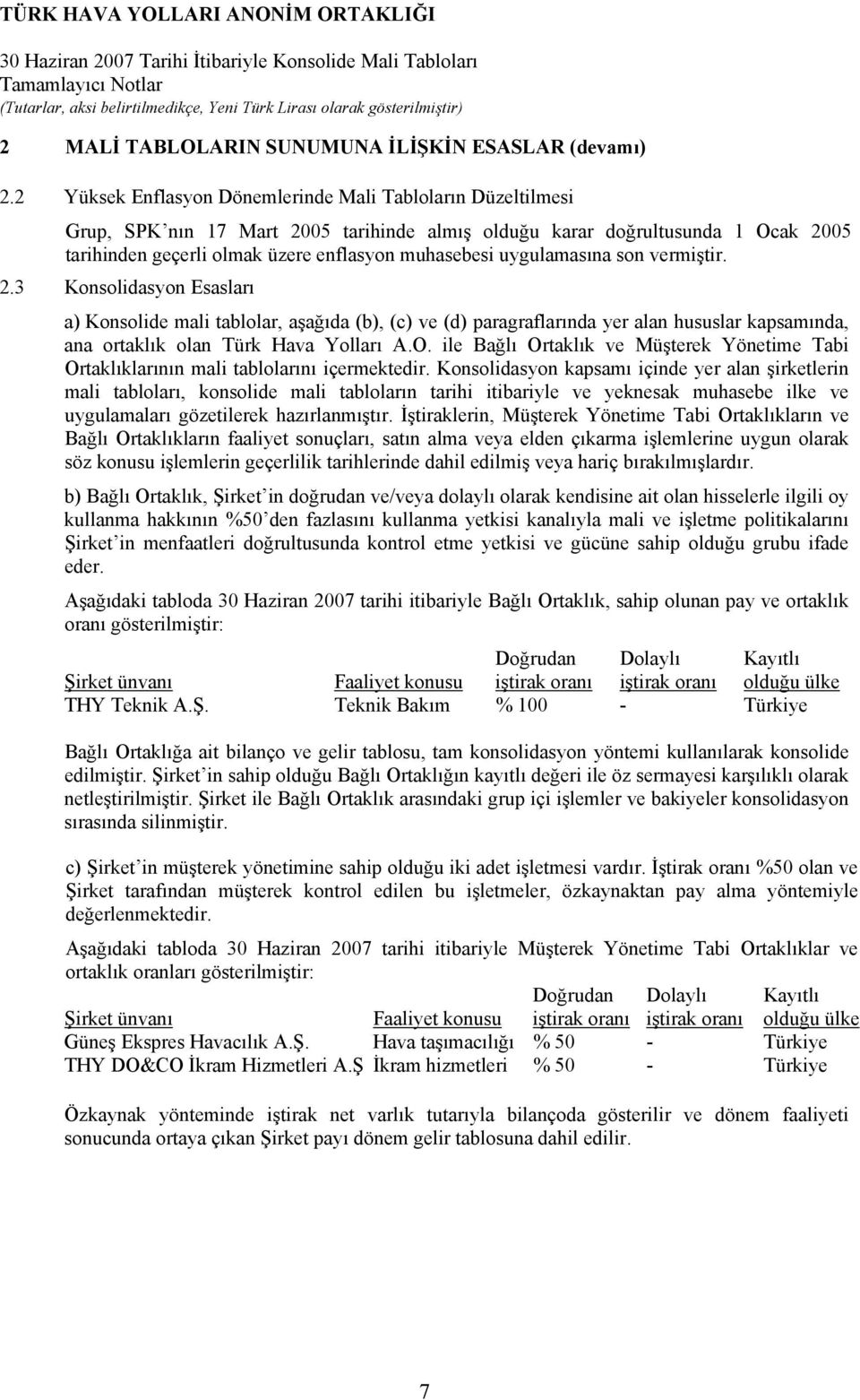 uygulamasına son vermiştir. 2.3 Konsolidasyon Esasları a) Konsolide mali tablolar, aşağıda (b), (c) ve (d) paragraflarında yer alan hususlar kapsamında, ana ortaklık olan Türk Hava Yolları A.O.