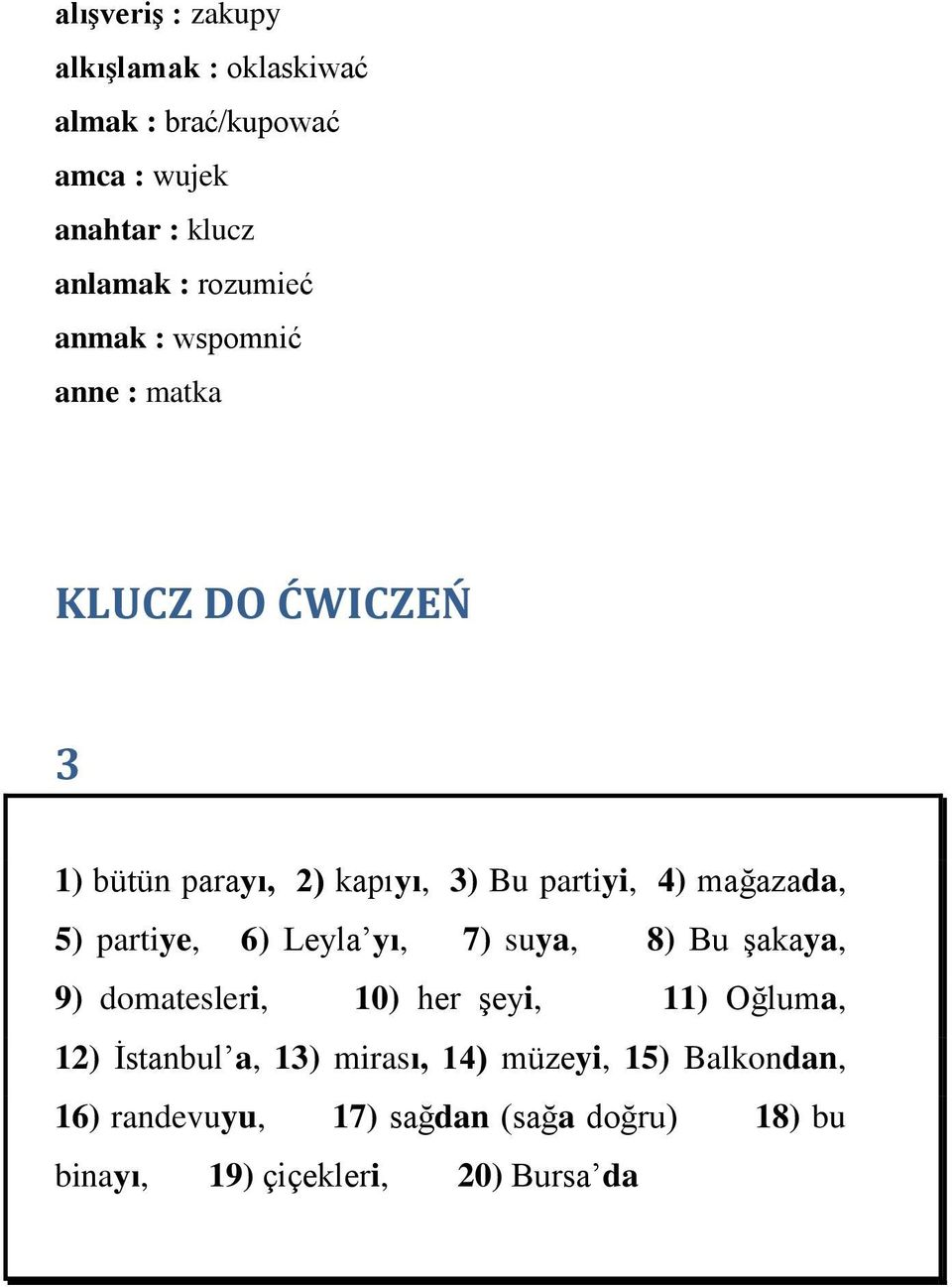 mağazada, 5) partiye, 6) Leyla yı, 7) suya, 8) Bu şakaya, 9) domatesleri, 10) her şeyi, 11) Oğluma, 12)