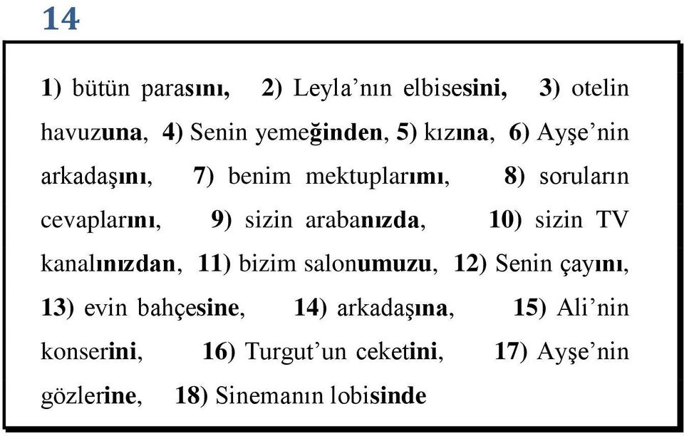 arabanızda, 10) sizin TV kanalınızdan, 11) bizim salonumuzu, 12) Senin çayını, 13) evin