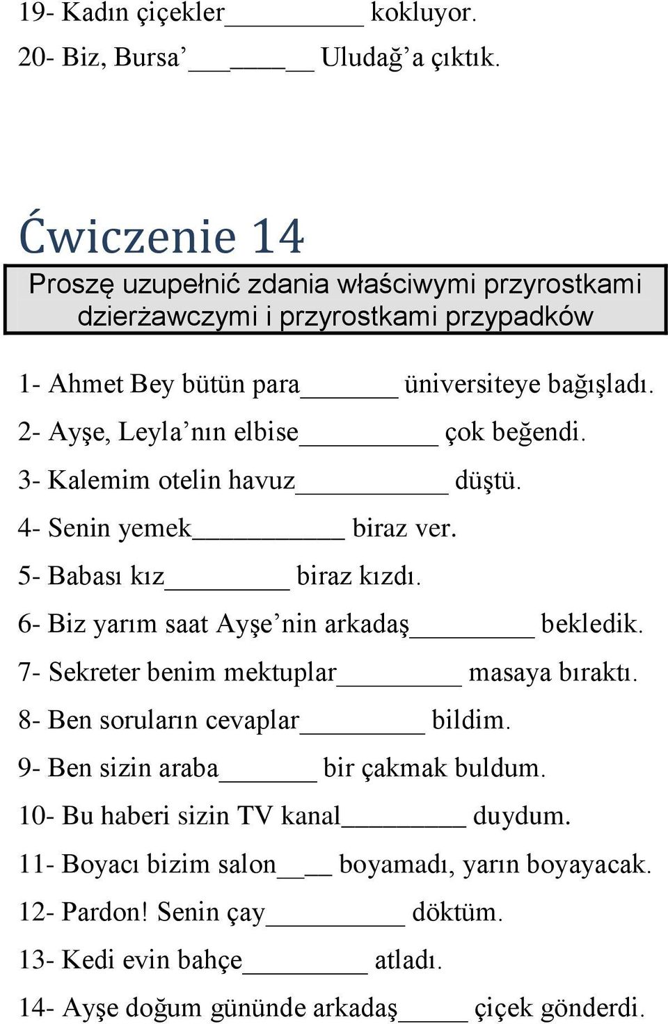 2- Ayşe, Leyla nın elbise çok beğendi. 3- Kalemim otelin havuz düştü. 4- Senin yemek biraz ver. 5- Babası kız biraz kızdı. 6- Biz yarım saat Ayşe nin arkadaş bekledik.