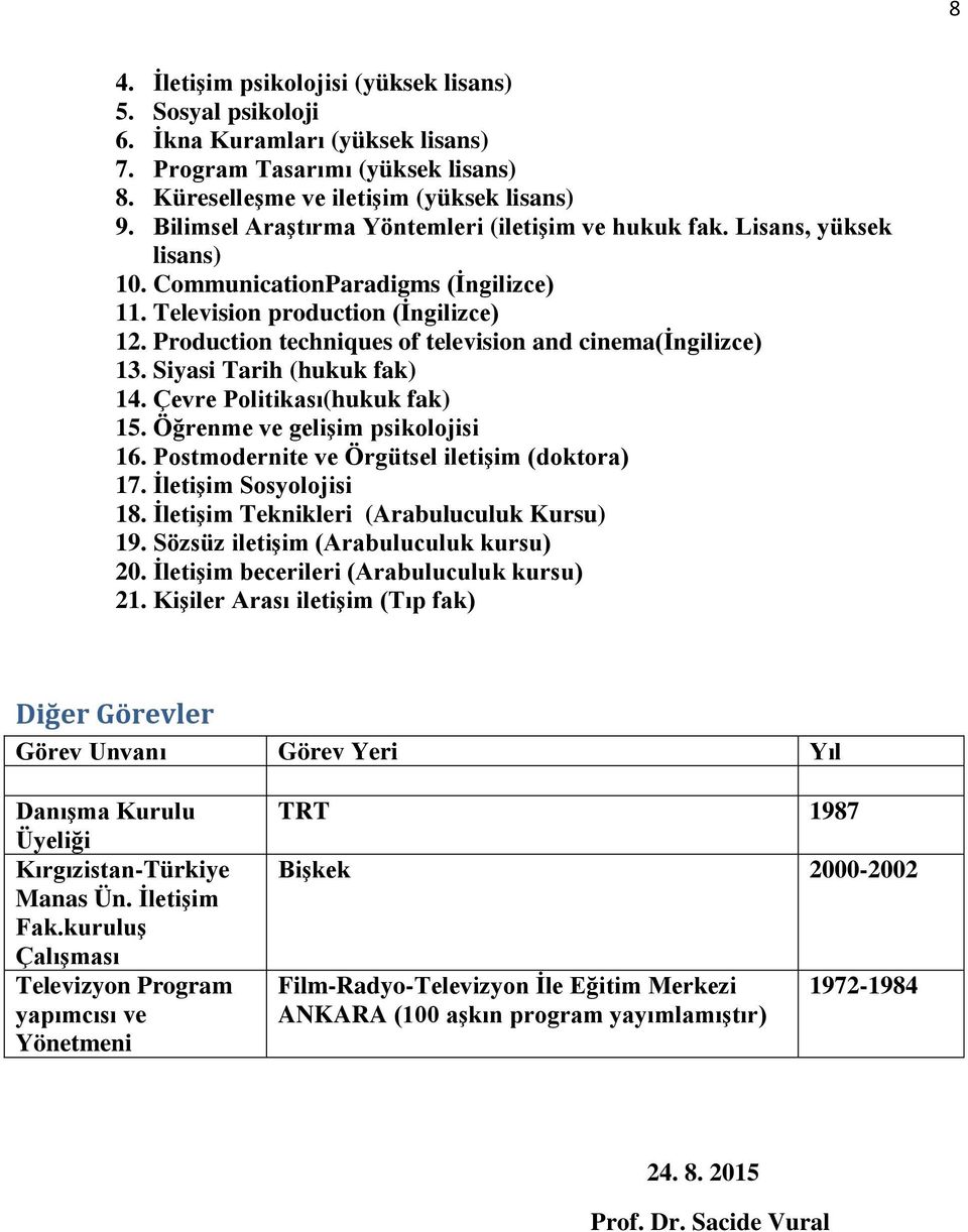 Production techniques of television and cinema(ingilizce) 13. Siyasi Tarih (hukuk fak) 14. Çevre Politikası(hukuk fak) 15. Öğrenme ve gelişim psikolojisi 16.