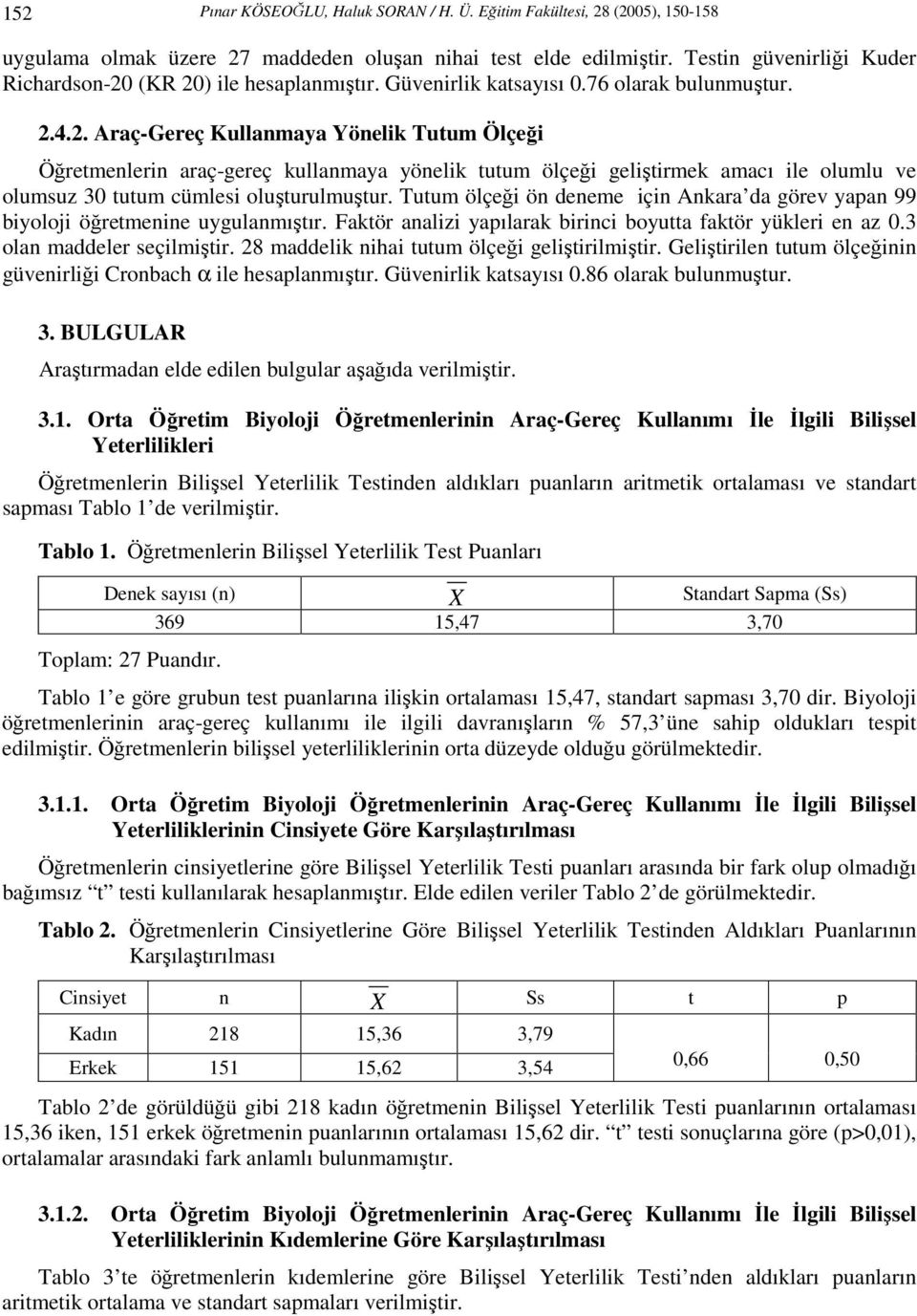 (KR 20) ile hesaplanmıştır. Güvenirlik katsayısı 0.76 olarak bulunmuştur. 2.4.2. Araç-Gereç Kullanmaya Yönelik Tutum Ölçeği Öğretmenlerin araç-gereç kullanmaya yönelik tutum ölçeği geliştirmek amacı ile olumlu ve olumsuz 30 tutum cümlesi oluşturulmuştur.