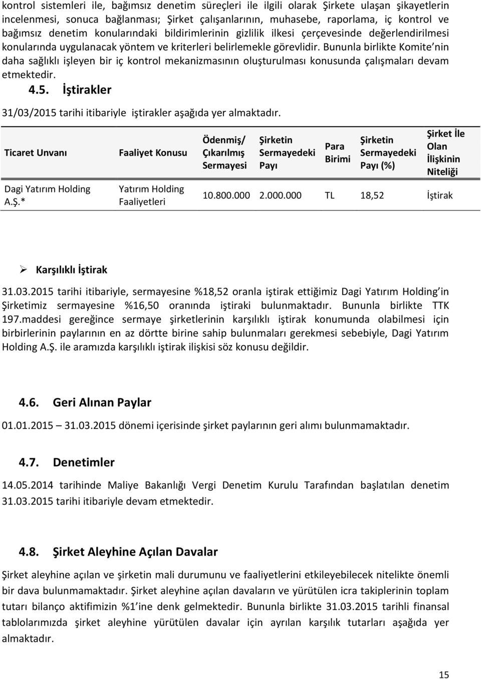 Bununla birlikte Komite nin daha sağlıklı işleyen bir iç kontrol mekanizmasının oluşturulması konusunda çalışmaları devam etmektedir. 4.5.