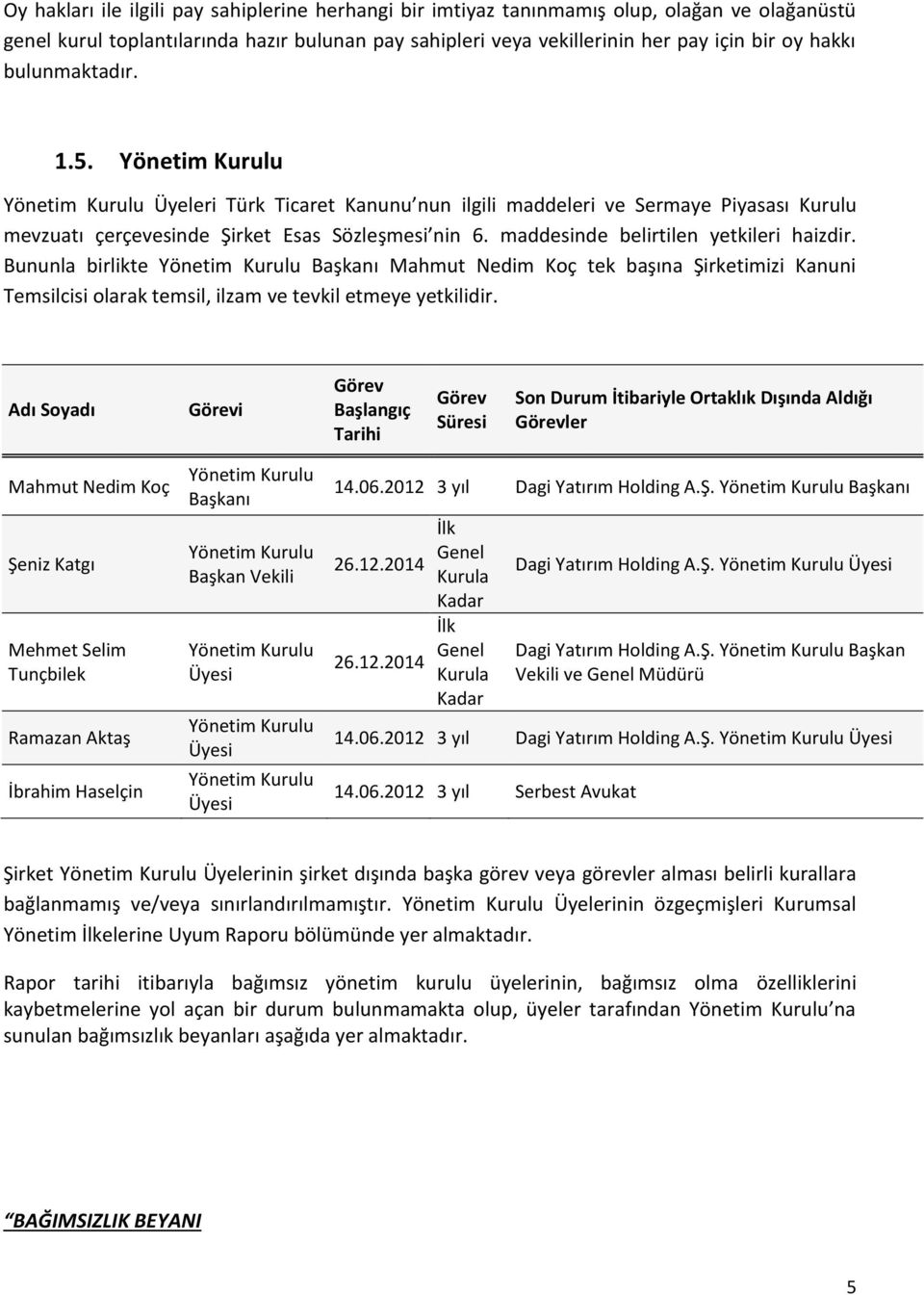 maddesinde belirtilen yetkileri haizdir. Bununla birlikte Yönetim Kurulu Başkanı Mahmut Nedim Koç tek başına Şirketimizi Kanuni Temsilcisi olarak temsil, ilzam ve tevkil etmeye yetkilidir.