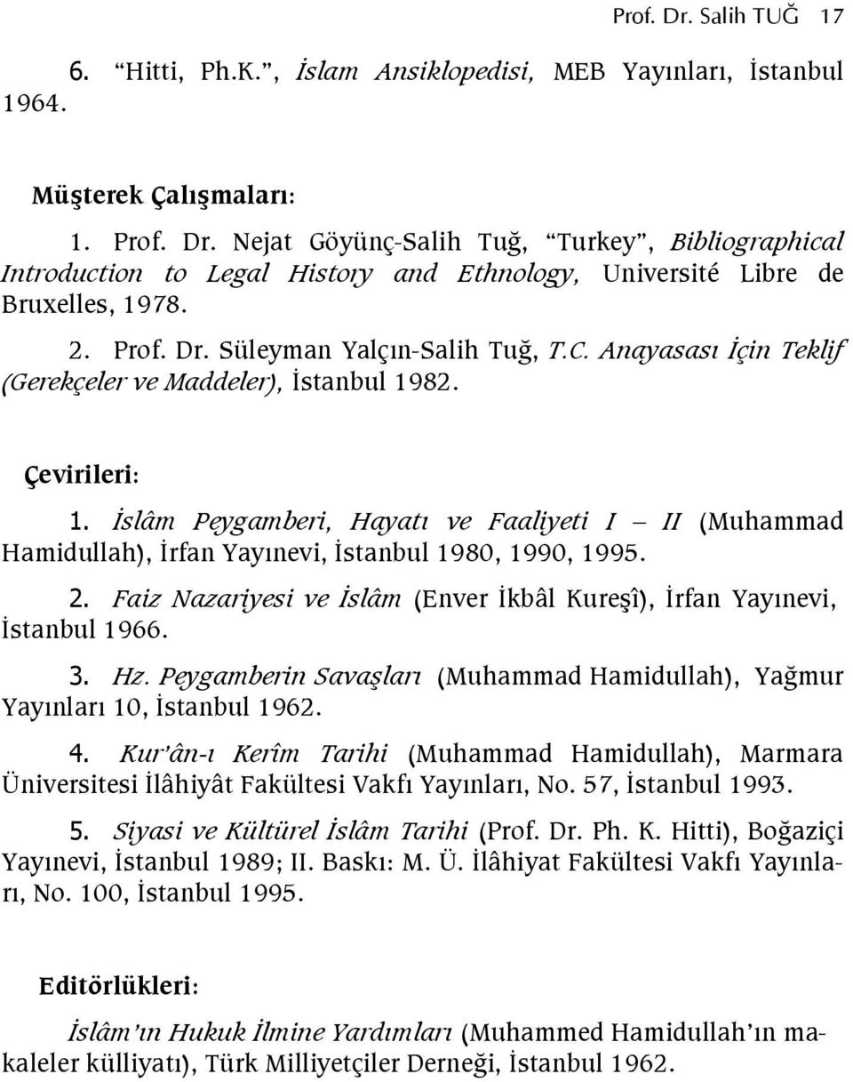 Anayasas çin Teklif (Gerekçeler ve Maddeler), stanbul 1982. Çevirileri: 1. slâm Peygamberi, Hayat ve Faaliyeti I II (Muhammad Hamidullah), rfan Yaynevi, stanbul 1980, 1990, 1995. 2.