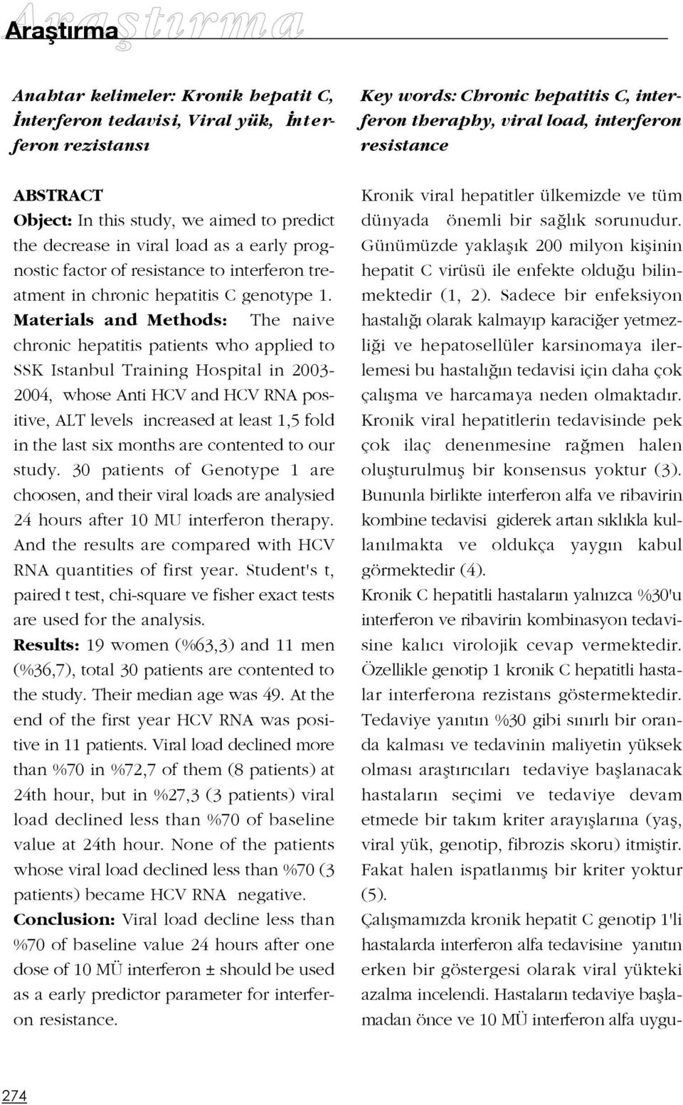 Materials and Methods: The naive chronic hepatitis patients who applied to SSK Istanbul Training Hospital in 2003-2004, whose Anti HCV and HCV RNA positive, ALT levels increased at least 1,5 fold in