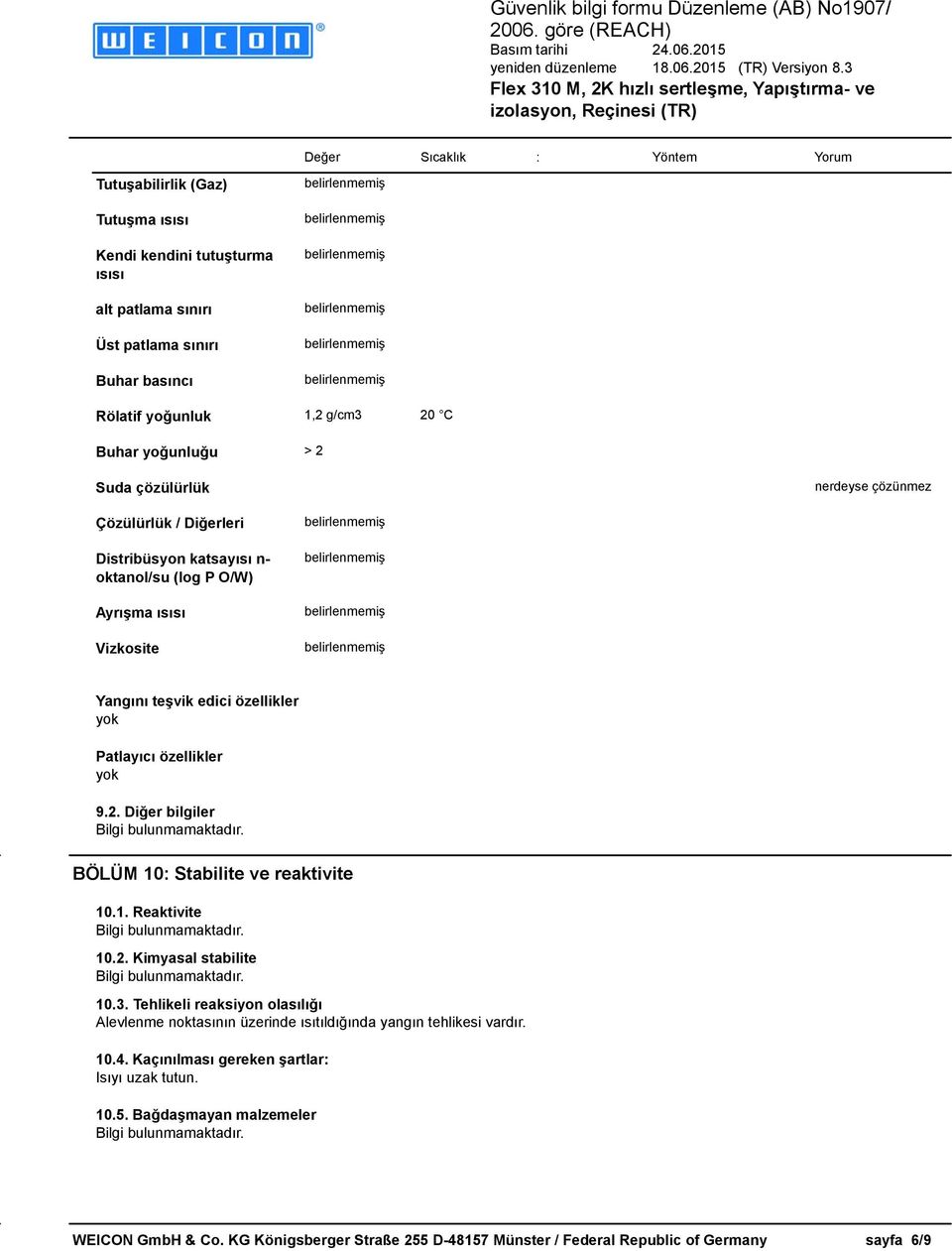 özellikler yok 9.2. Diğer bilgiler BÖLÜM 10: Stabilite ve reaktivite 10.1. Reaktivite 10.2. Kimyasal stabilite 10.3.