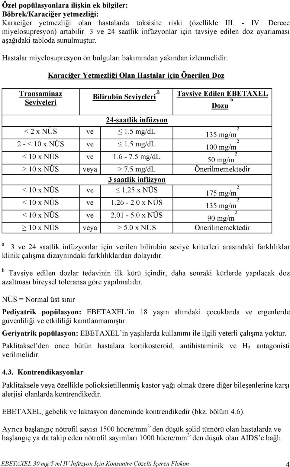 a Transaminaz Seviyeleri Karaciğer Yetmezliği Olan Hastalar için Önerilen Doz Bilirubin Seviyeleri a Tavsiye Edilen EBETAXEL Dozu b 24-saatlik infüzyon < 2 x NÜS ve 1.