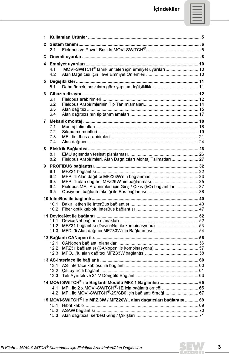 .. 11 6 Cihazın dizaynı... 1 6.1 Fieldbus arabirimleri... 1 6. Fieldbus Arabirimlerinin Tip Tanımlamaları... 14 6.3 Alan dağıtıcı... 15 6.4 Alan dağıtıcısının tip tanımlamaları... 17 7 Mekanik montaj.