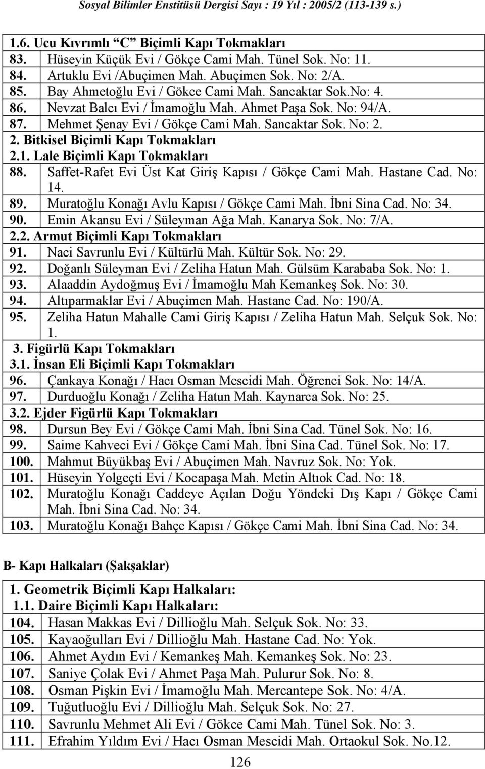 Lale Biçimli Kapı Tokmakları 88. Saffet-Rafet Evi Üst Kat Giriş Kapısı / Gökçe Cami Mah. Hastane Cad. No: 14. 89. Muratoğlu Konağı Avlu Kapısı / Gökçe Cami Mah. İbni Sina Cad. No: 34. 90.