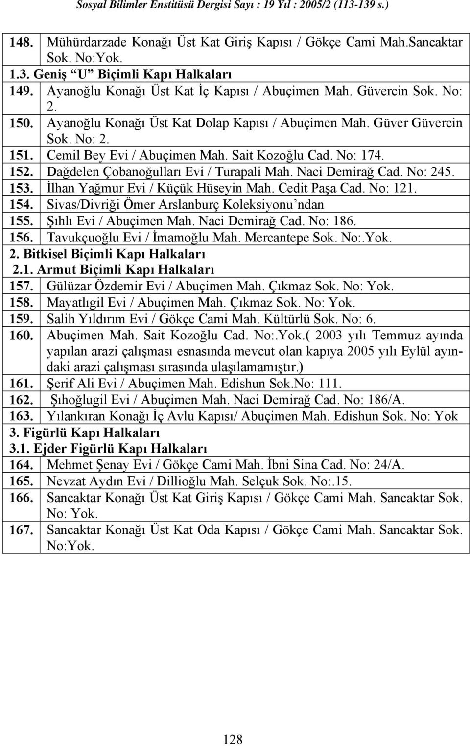 Naci Demirağ Cad. No: 245. 153. İlhan Yağmur Evi / Küçük Hüseyin Mah. Cedit Paşa Cad. No: 121. 154. Sivas/Divriği Ömer Arslanburç Koleksiyonu ndan 155. Şıhlı Evi / Abuçimen Mah. Naci Demirağ Cad.