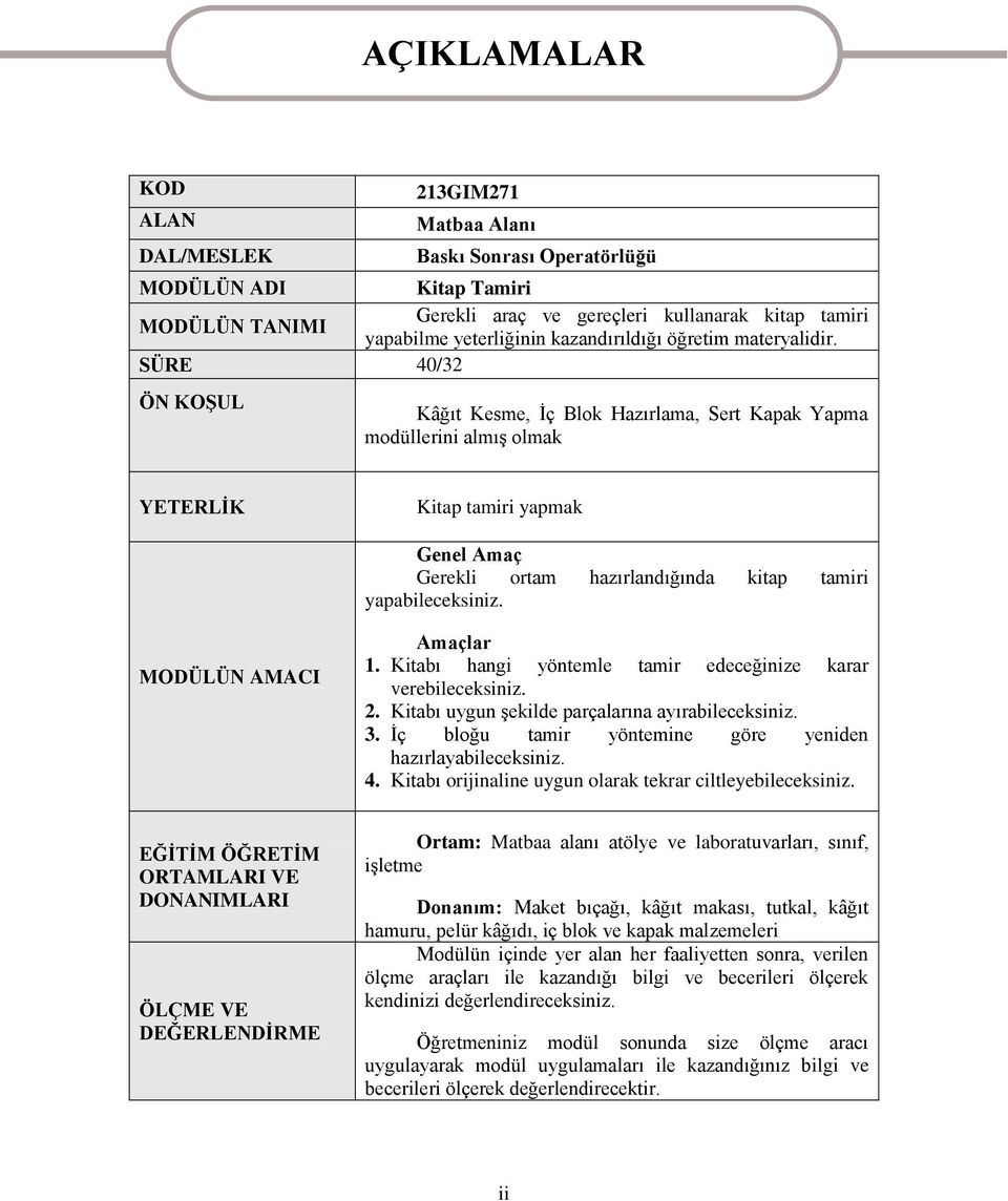 SÜRE 40/32 ÖN KOġUL AÇIKLAMALAR Kâğıt Kesme, Ġç Blok Hazırlama, Sert Kapak Yapma modüllerini almıģ olmak YETERLĠK Kitap tamiri yapmak Genel Amaç Gerekli ortam hazırlandığında kitap tamiri