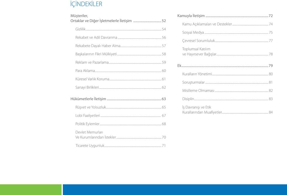 .. 67 Kamuyla İletişim... 72 Kamu Açıklamaları ve Destekler... 74 Sosyal Medya... 75 Çevresel Sorumluluk... 77 Toplumsal Katılım ve Hayırsever Bağışlar... 78 Ek... 79 Kuralların Yönetimi.