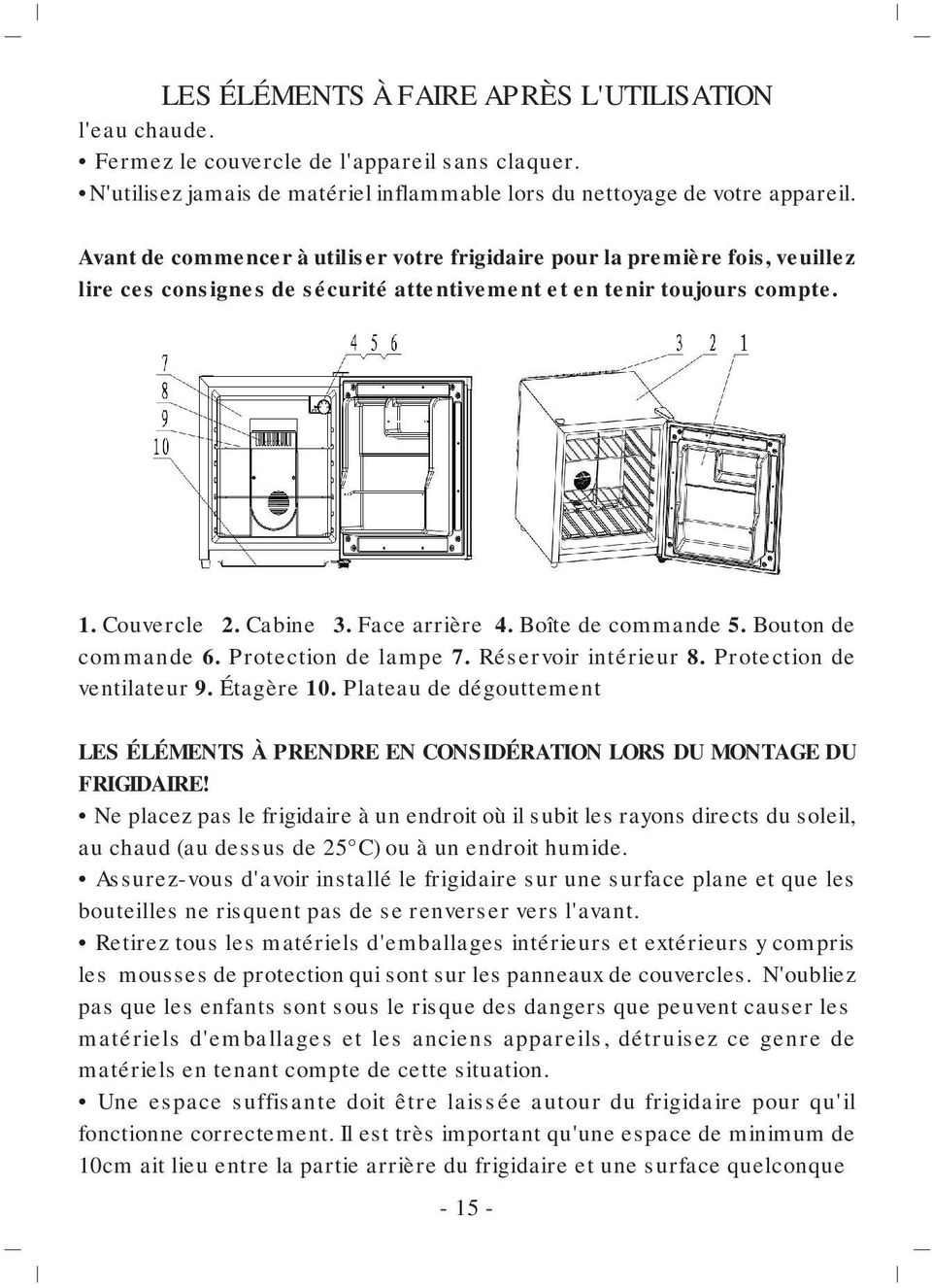 Boîte de commande 5. Bouton de commande 6. Protection de lampe 7. Réservoir intérieur 8. Protection de ventilateur 9. Étagère 10.