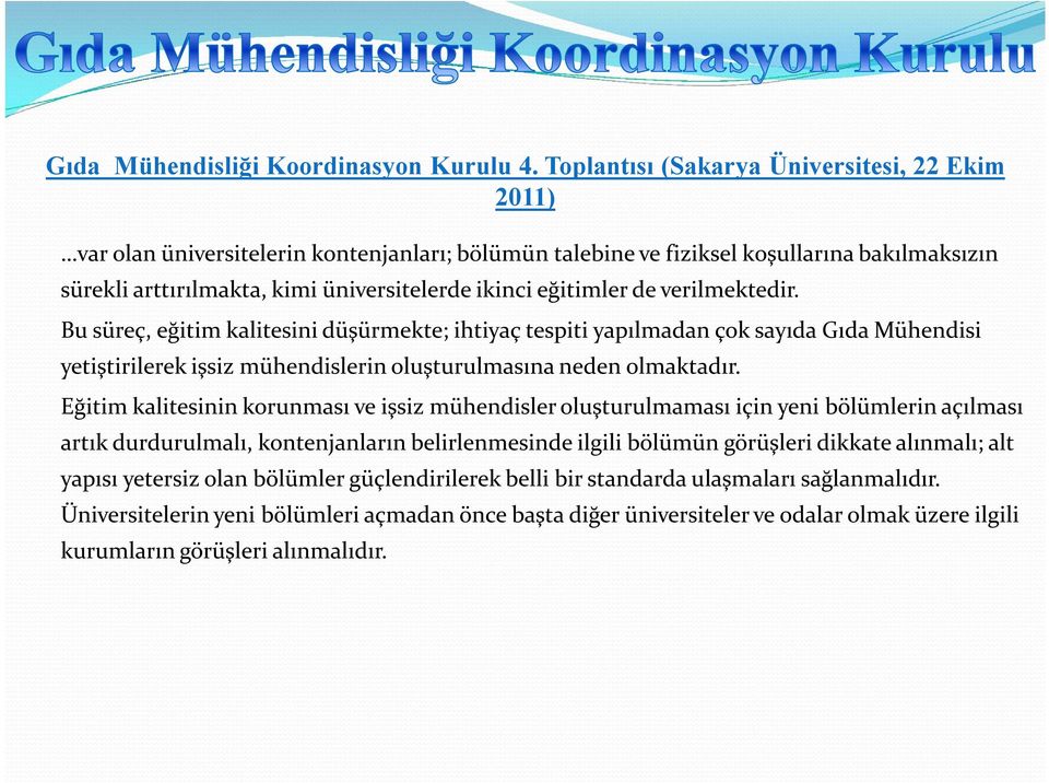 eğitimler de verilmektedir. Bu süreç, eğitim kalitesini düşürmekte; ihtiyaç tespiti yapılmadan çok sayıda Gıda Mühendisi yetiştirilerek işsiz mühendislerin oluşturulmasına neden olmaktadır.