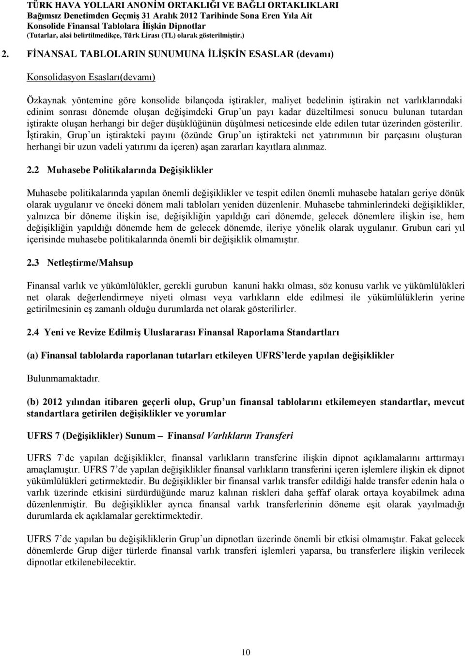 gösterilir. İştirakin, Grup un iştirakteki payını (özünde Grup un iştirakteki net yatırımının bir parçasını oluşturan herhangi bir uzun vadeli yatırımı da içeren) aşan zararları kayıtlara alınmaz. 2.