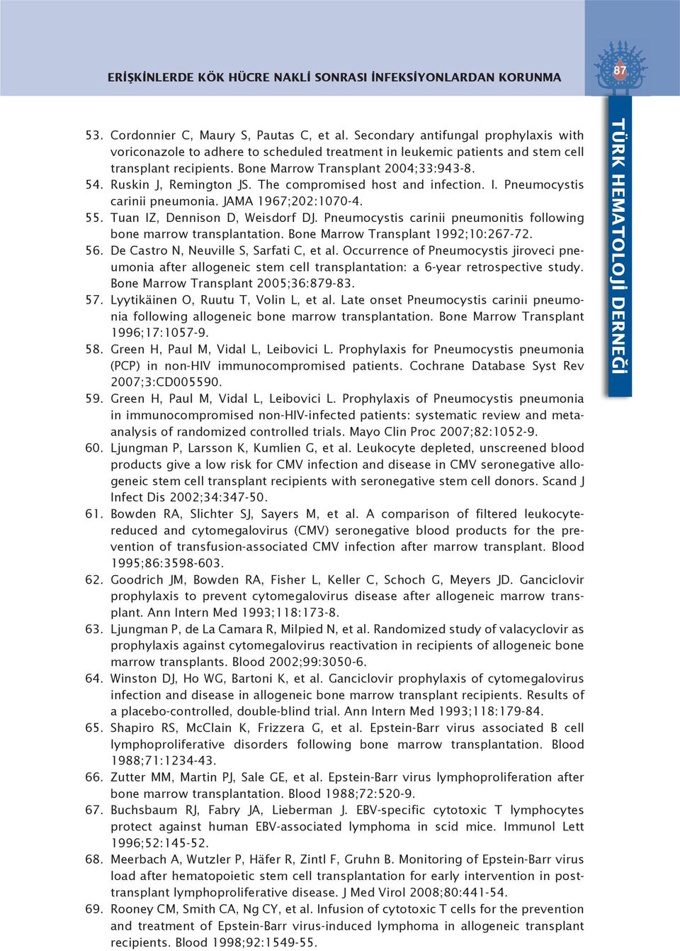 Ruskin J, Remington JS. The compromised host and infection. I. Pneumocystis carinii pneumonia. JAMA 1967;202:1070-4. 55. Tuan IZ, Dennison D, Weisdorf DJ.