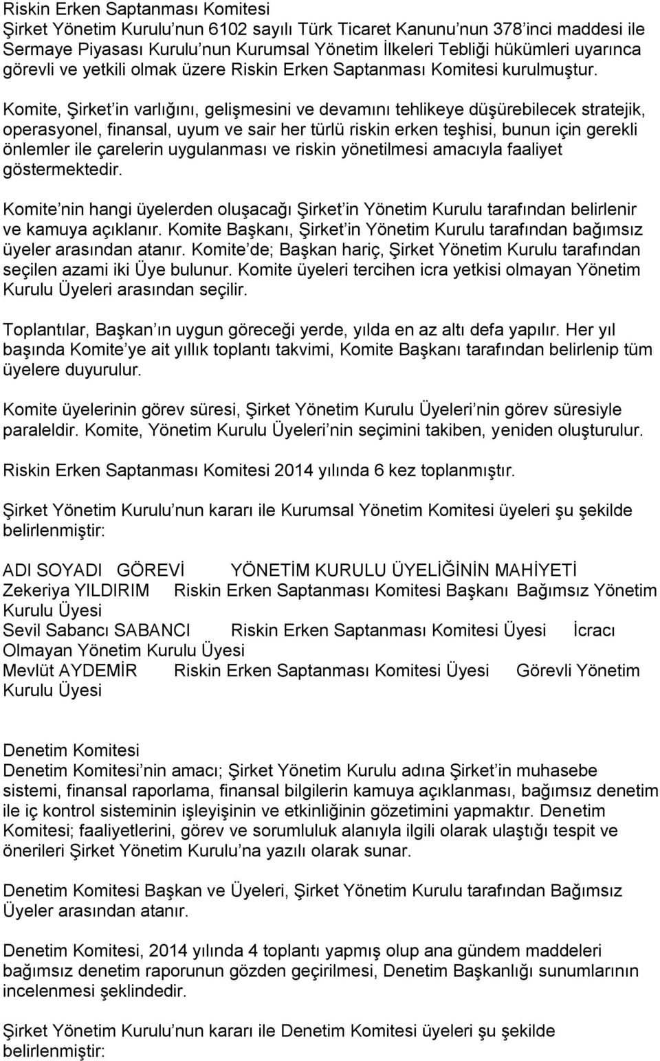 Komite, Şirket in varlığını, gelişmesini ve devamını tehlikeye düşürebilecek stratejik, operasyonel, finansal, uyum ve sair her türlü riskin erken teşhisi, bunun için gerekli önlemler ile çarelerin