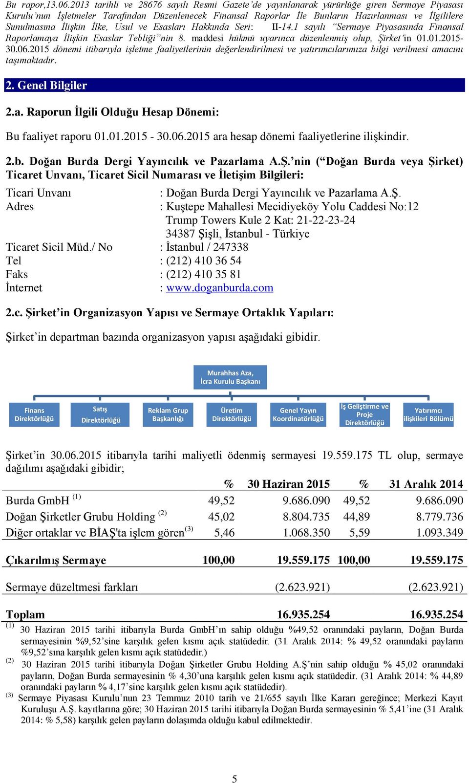 Sunulmasına İlişkin İlke, Usul ve Esasları Hakkında Seri: II-14.1 sayılı Sermaye Piyasasında Finansal Raporlamaya İlişkin Esaslar Tebliği nin 8. maddesi hükmü uyarınca düzenlenmiş olup, Şirket in 01.