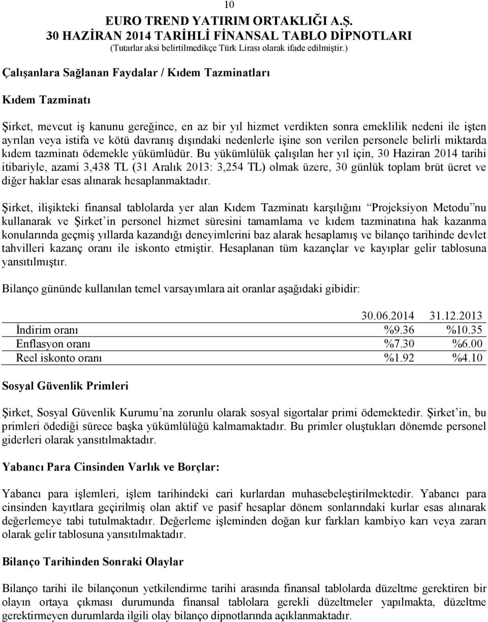 Bu yükümlülük çalışılan her yıl için, 30 Haziran 2014 tarihi itibariyle, azami 3,438 TL (31 Aralık 2013: 3,254 TL) olmak üzere, 30 günlük toplam brüt ücret ve diğer haklar esas alınarak