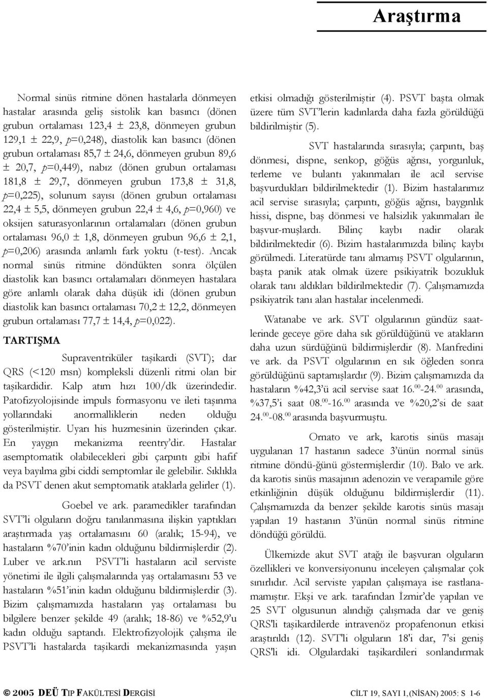 ortalaması 22,4 5,5, dönmeyen grubun 22,4 4,6, p=0,960) ve oksijen saturasyonlarının ortalamaları (dönen grubun ortalaması 96,0 1,8, dönmeyen grubun 96,6 2,1, p=0,206) arasında anlamlı fark yoktu