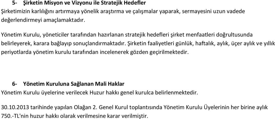 Şirketin faaliyetleri günlük, haftalık, aylık, üçer aylık ve yıllık periyotlarda yönetim kurulu tarafından incelenerek gözden geçirilmektedir.